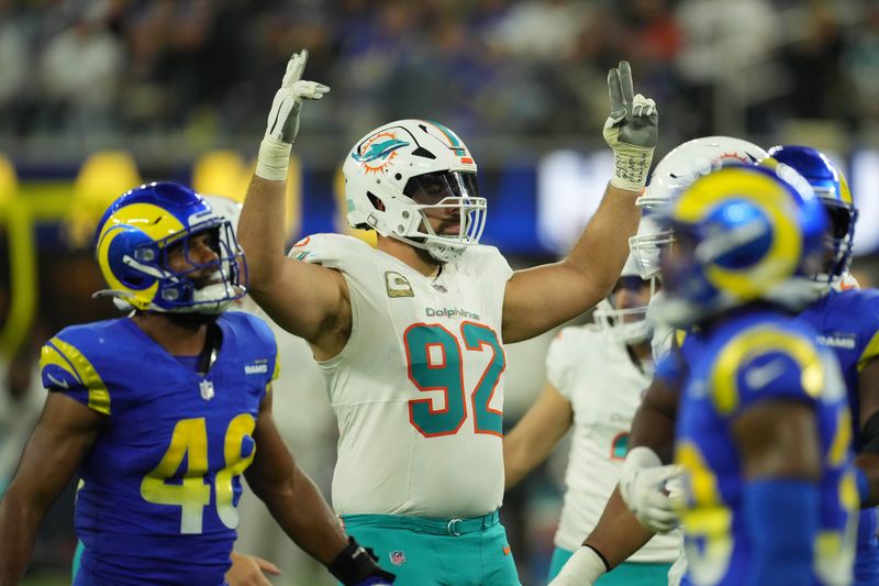 Nov 11, 2024; Inglewood, California, USA; Miami Dolphins defensive tackle Zach Sieler (92) celebrates in the second half against the Los Angeles Rams at SoFi Stadium. Mandatory Credit: Kirby Lee-Imagn Images