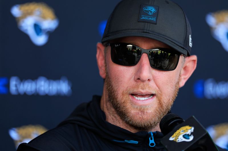 Jacksonville Jaguars head coach Liam Coen answers questions from the media after an NFL training camp session at the Miller Electric Center, Friday, July 25, 2025, in Jacksonville, Fla. [Corey Perrine/Florida Times-Union]