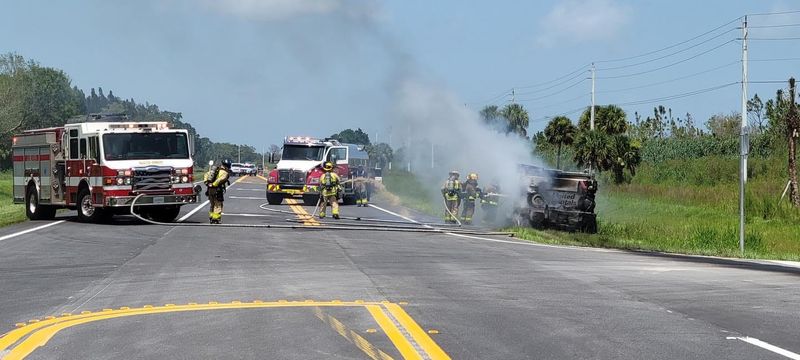 A vehicle fire on Southwest Kanner Highway causes road closure on July 25, 2025. No injuries were reported, according to sheriff's officials.
