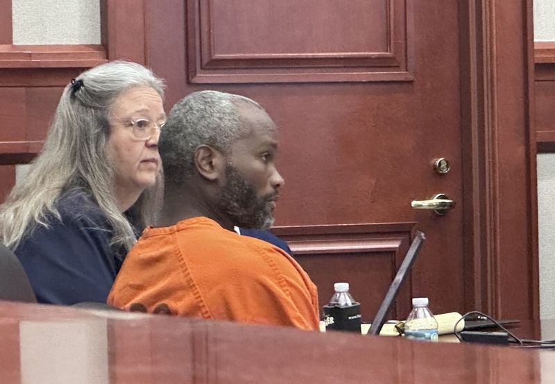 Convicted murderer Jerone Hunter sits in a DeLand courtroom, July 25, 2025, when his attorneys continued a hearing attempting to convince Volusia Circuit Judge Dawn Nichols to resentence him to life in prison, rather than the death penalty, as recommended by a jury.