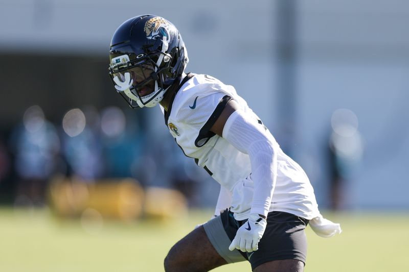 Jul 24, 2025; Jacksonville, FL, USA; Jacksonville Jaguars cornerback Jourdan Lewis (2) participates in training camp at Miller Electric Center. Mandatory Credit: Nathan Ray Seebeck-Imagn Images