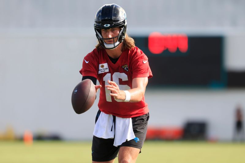 Jacksonville Jaguars quarterback Trevor Lawrence (16) receives the snap during an NFL training camp session at the Miller Electric Center, Friday, July 25, 2025, in Jacksonville, Fla. [Corey Perrine/Florida Times-Union]