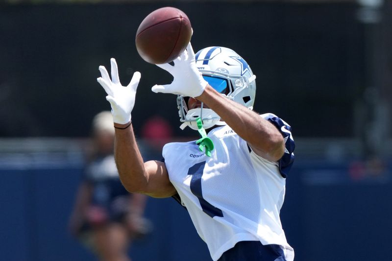 Jul 26, 2025; Oxnard, CA, USA; Dallas Cowboys receiver Jalen Tolbert (1) catches the ball at training camp at the River Ridge Fields. Mandatory Credit: Kirby Lee-Imagn Images