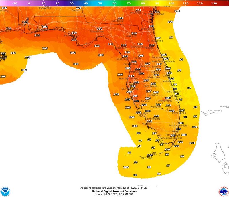 Expected heat index at 2 p.m. July 28, 2025, in Florida.