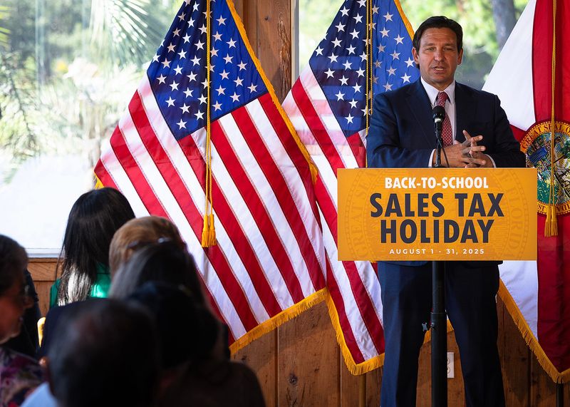 Ron DeSantis, Florida’s governor, delivers remarks at Boon Docks Restaurant in Panama City Beach, Fla., July 28, 2025, about the state’s Back-To-School sales tax holiday. Tax-free items are valid through August. (Tyler Orsburn/News Herald)