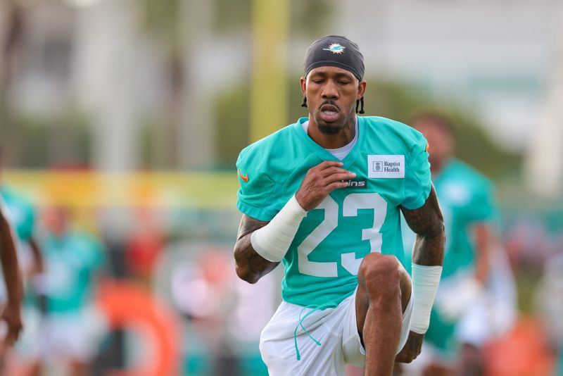 Jul 28, 2025; Miami Gardens, MI, USA; Miami Dolphins cornerback Jack Jones (23) works during training camp at Baptist Health Training Complex. Mandatory Credit: Sam Navarro-Imagn Images