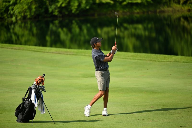 WEST LAFAYETTE, IN - JULY 30: Charlie Woods hits his shot on the 10th hole during the second round of the 2025 Junior PGA Championship at Birck Boilermaker Golf Complex on Wednesday, July 30, 2025 in West Lafayette, Indiana. (Photo by Ryan Lochhead/PGA of America)