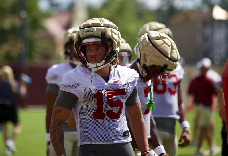FSU football's Jayvan Boggs at the first practice of preseason camp on Wednesday, July 30, 2025.