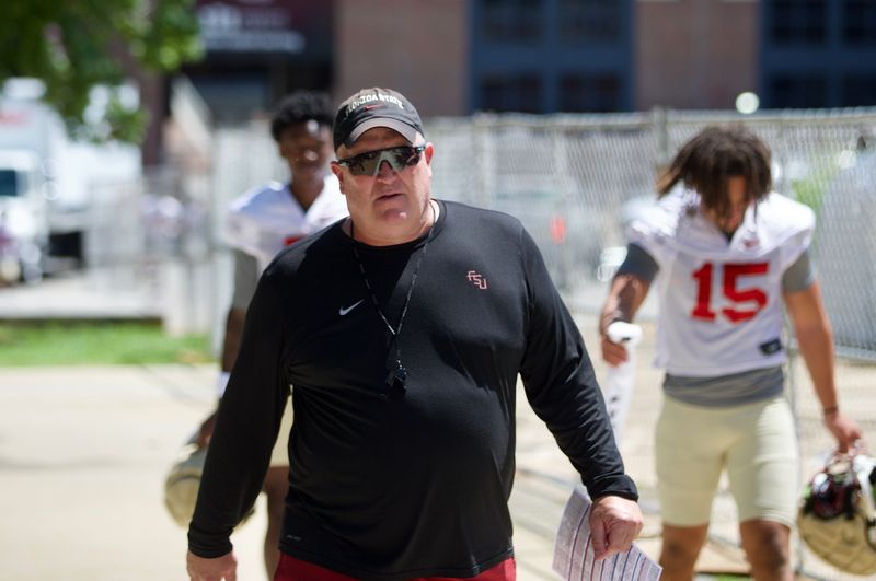 FSU football's Herb Hand walks into the first practice of preseason camp on Wednesday, July 30, 2025