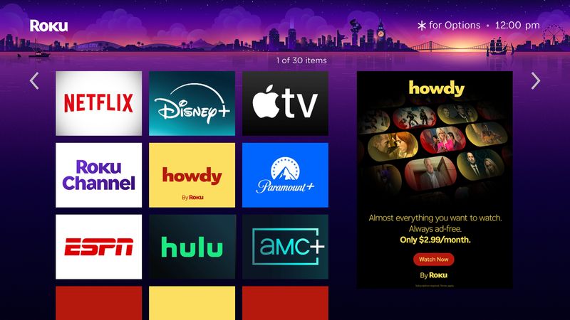A Roku device home screen featuring Howdy, the new low-cost, ad-free streaming service from the company.