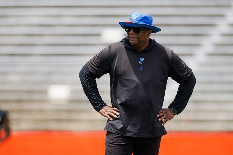 Florida Gators associate head coach for running backs Jabbar Juluke looks on during fall football practice at Ben Hill Griffin Stadium at the University of Florida in Gainesville, FL on Saturday, August 2, 2025. [Matt Pendleton/Gainesville Sun]