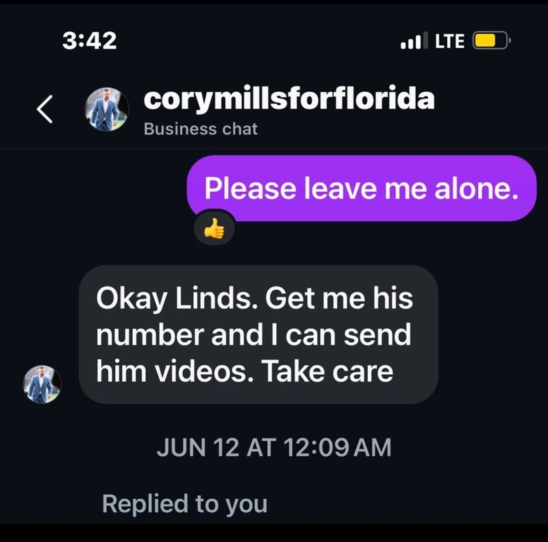 This is a text message shared with The News-Journal by Anthony Sabatini, an attorney representing Lindsey Langston. Sabatini says Langston has accused Congressman Cory Mills of harassment and sextortion.