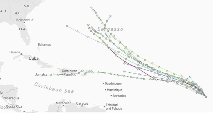 Spaghetti models for Invest 96L 7 a.m. Aug. 7, 2025.