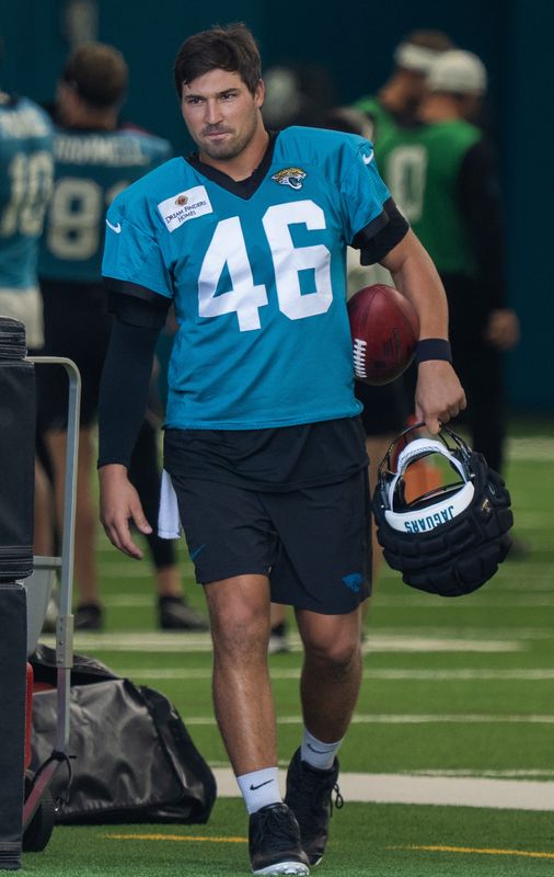 Jacksonville Jaguars long snapper Ross Matiscik (46) walks on to the field during the Jaguar’s 12th NFL training camp session at the Miller Electric Center, Thursday, Aug. 7, 2025, in Jacksonville, Fla. [Doug Engle/Florida Times-Union]