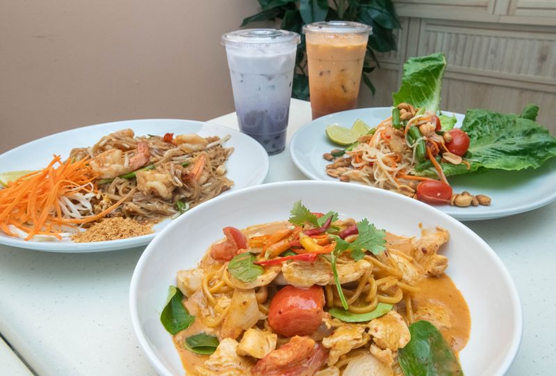 Tapioca, Thai Tea Bubble Tea with Tapioca, Papaya Salad, and Pad Noodle Tom Yum at the new Alice MaMa Thai Cafe in Gulf Breeze on Aug. 8, 2025.