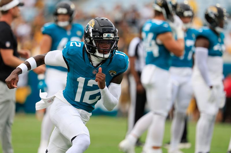 Jacksonville Jaguars wide receiver Travis Hunter (12) runs a route before an NFL preseason matchup at EverBank Stadium, Saturday, Aug. 9, 2025 in Jacksonville, Fla. [Corey Perrine/Florida Times-Union]