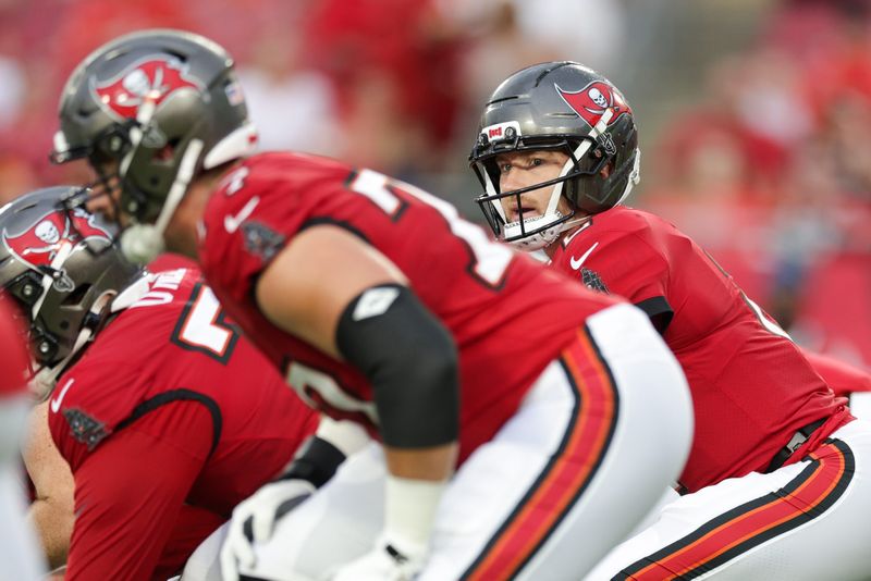 Aug 9, 2025; Tampa, Florida, USA; Tampa Bay Buccaneers quarterback Kyle Trask (2) lines up against the Tennessee Titans in the first quarter during a preseason game at Raymond James Stadium. Mandatory Credit: Nathan Ray Seebeck-Imagn Images