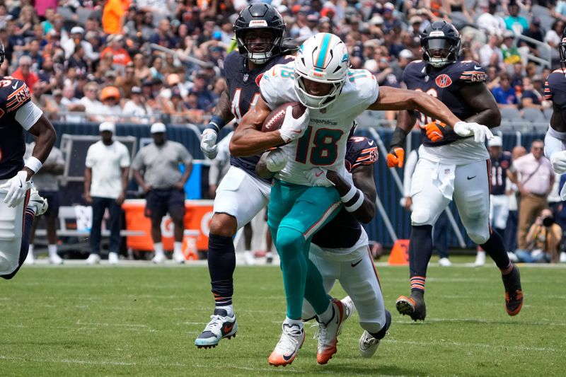 Aug 10, 2025; Chicago, Illinois, USA; Miami Dolphins wide receiver Nick Westbrook-Ikhine (18) runs after catching a pass against the Chicago Bears during the first half at Soldier Field. Mandatory Credit: David Banks-Imagn Images