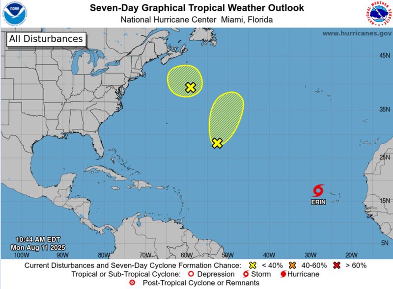 Tropical Storm Erin formed west of the Cabo Verde Islands on Monday morning.