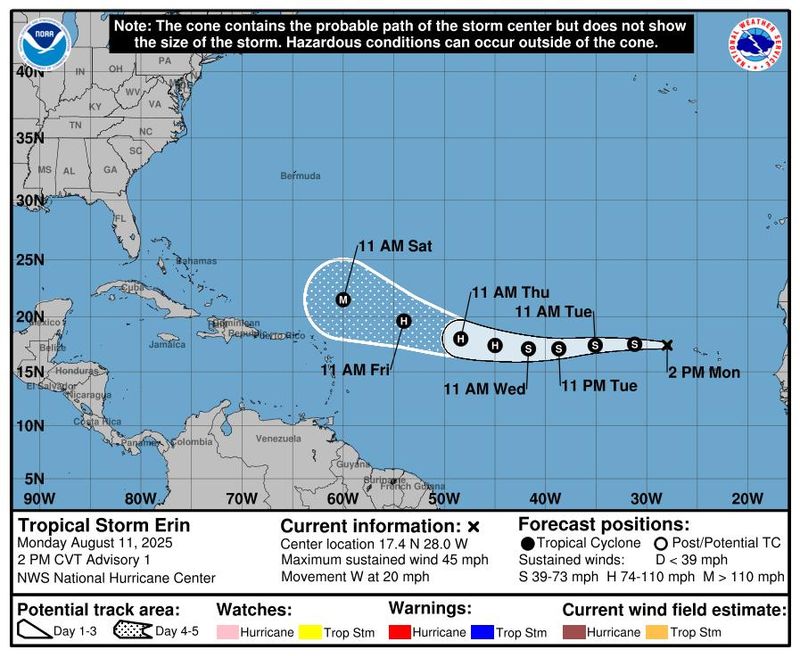 Tropical Storm Erin forms in the eastern Atlantic Aug. 11, 2025.