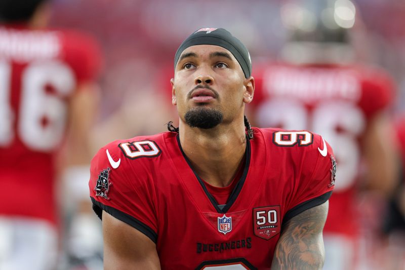 Aug 9, 2025; Tampa, Florida, USA; Tampa Bay Buccaneers wide receiver Emeka Egbuka (9) looks on before a preseason game against the Tennessee Titans at Raymond James Stadium. Mandatory Credit: Nathan Ray Seebeck-Imagn Images
