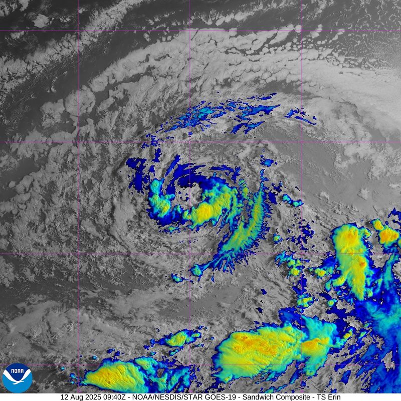 Satellite view of Tropical Storm Erin 6 a.m. Aug. 12, 2025.