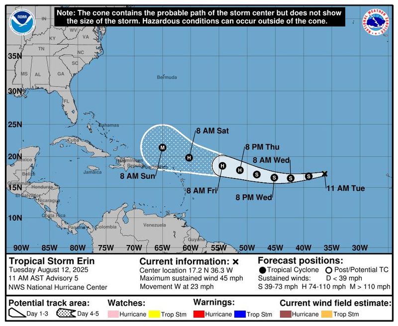Tropical Storm Erin expected path as of 11 a.m. Aug. 12, 2025.