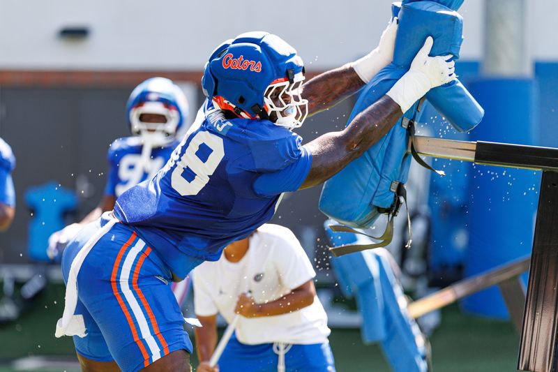 Florida Gators defensive lineman Caleb Banks (88) performs a drill during fall football practice at Heavener Football Complex at the University of Florida in Gainesville, FL on Tuesday, August 12, 2025. [Matt Pendleton/Gainesville Sun]