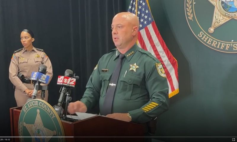 St. Lucie County Sheriff Richard Del Toro (behind podium) on Aug. 12, 2025, discusses a fatal shooting on Interstate 95 in St. Lucie County that caused a lengthy shut down of the highway.