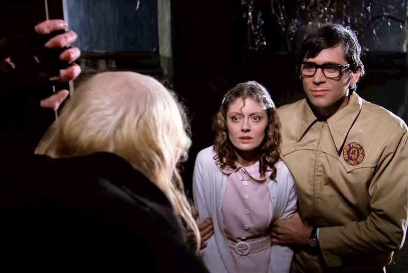 Brad (Barry Bostwick) and Janet (Susan Sarandon) arrive at the mansion in the film "Rocky Horror Picture Show."