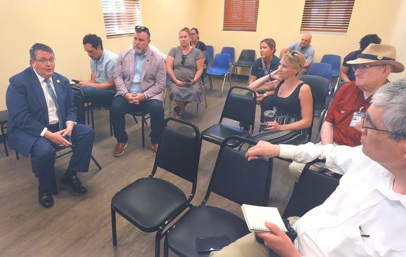 Congressman Randy Fine, left, makes a point while talking with Palm Coast City Council members and the media, Wednesday, August 13, 2025.