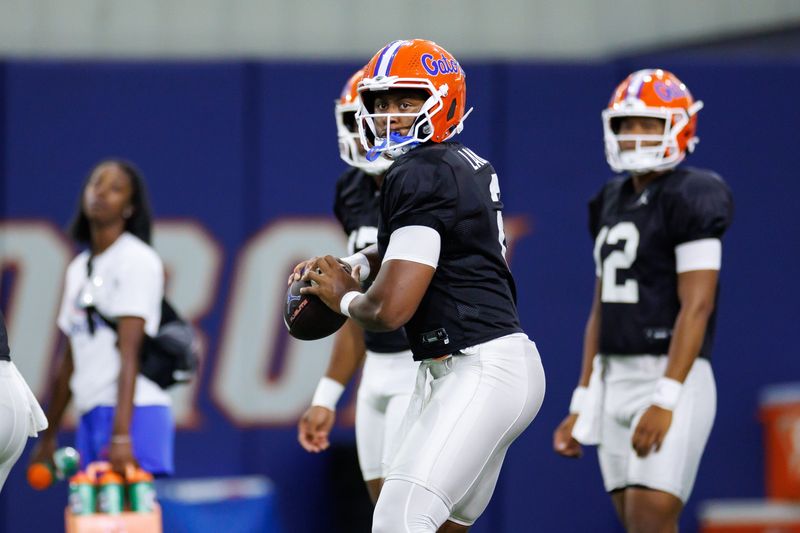Florida Gators quarterback DJ Lagway (2) looks to throw during fall football practice at Sanders Indoor Practice Facility at the University of Florida in Gainesville, FL on Thursday, August 14, 2025. [Matt Pendleton/Gainesville Sun]