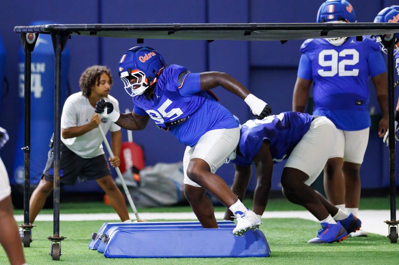 Florida Gators defensive lineman Jamari Lyons (95) runs during fall football practice at Sanders Indoor Practice Facility at the University of Florida in Gainesville, FL on Thursday, August 14, 2025. [Matt Pendleton/Gainesville Sun]