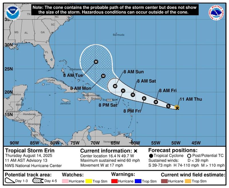 Tropical Storm Erin could become a category 3 hurricane