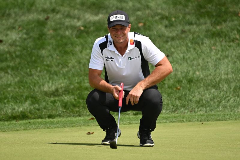 Viktor Hovland gets ready to line up a putt on the ninth green Aug. 14, 2025, during the first round of the BMW Championship golf tournament in Owings Mills, Maryland.
