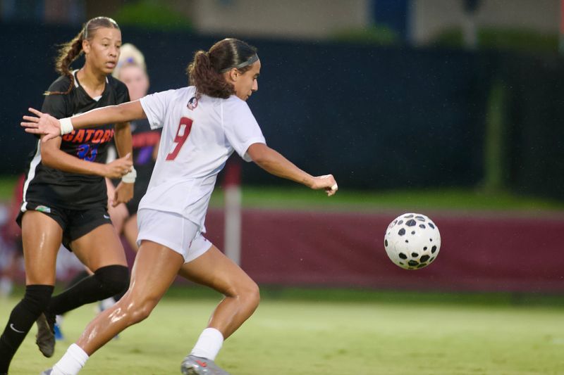 FSU soccers Taylor Suarez prepares to strike the ball against the University of Florida on Thursday, Aug. 14, 2025 at Seminole Soccer Complex.