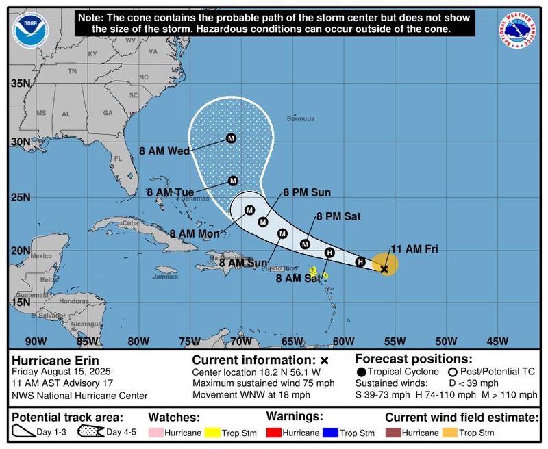 Projected path for Hurricane Erin 11 a.m. Aug. 15, 2025.