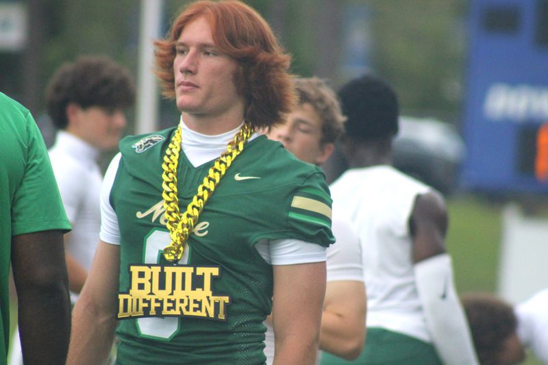 Nease linebacker Jacob Curry wears a "Built Different" chain during a high school football preseason kickoff classic in Jacksonville, Florida, on Aug. 15, 2025. [Clayton Freeman/Florida Times-Union]