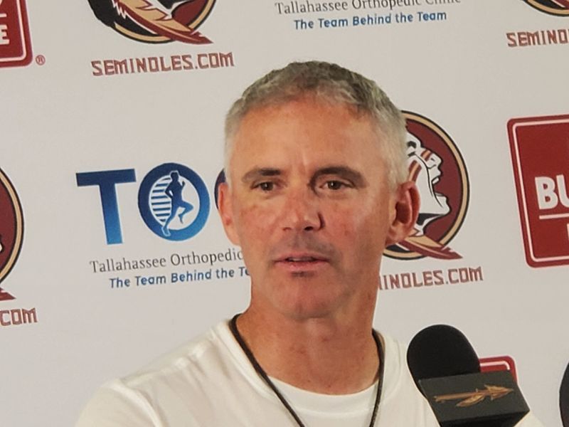 Mike Norvell talks to the media after practice on Tuesday, August 19, 2025