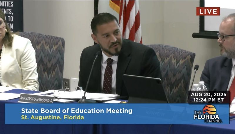 Florida Education Commissioner Anastasios Kamoutsas is seen speaking in front of the state board of education on Aug. 20, 2025.