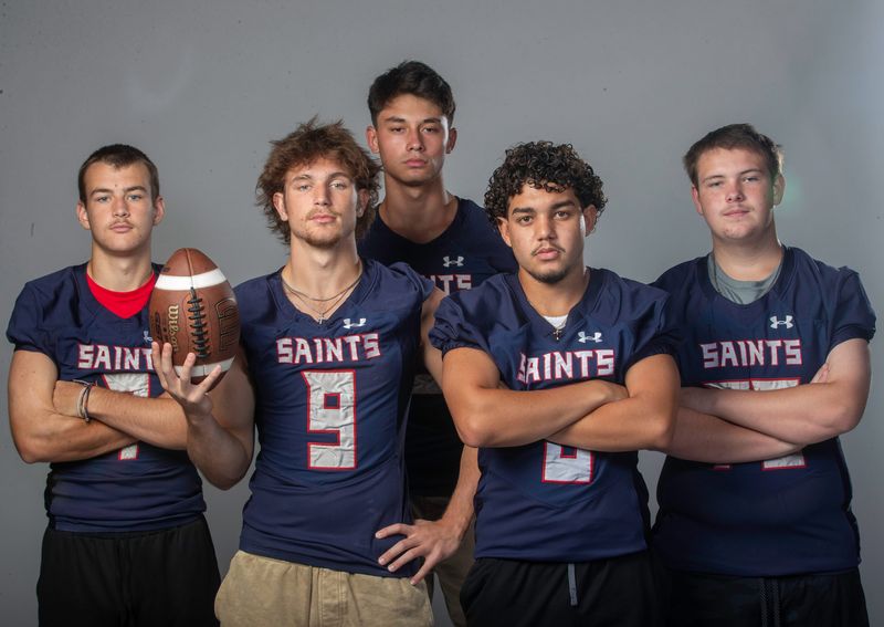 All Saints players from left are Jayden Watson (7), Jackson Waters (9), Josh Kock (5), Joshua Evans (6) and Oakley Wright (79).