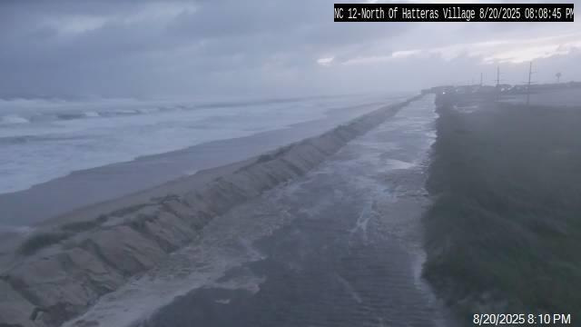 Highway 12 was completely submerged north of Hatteras Village, as seen by this webcam from the North Carolina Department of Transportation.