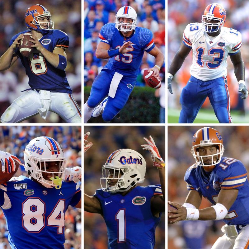 Our list of Florida football's top 25 players of the century include (starting clockwise, top left) Rex Grossman, Tim Tebow, Alex Brown, Chris Leak, Vernon Hargreaves and Kyle Pitts.