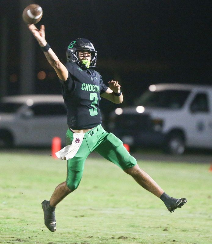 Choctaw QB Tamen Zabetkis throws on the run during the Choctaw Gulf Shores football game at Choctaw.