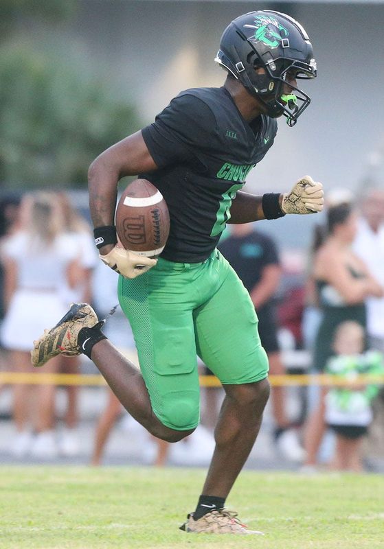 Choctaw WR Zion Legree fields the opening kickoff during the Choctaw Gulf Shores football game at Choctaw.