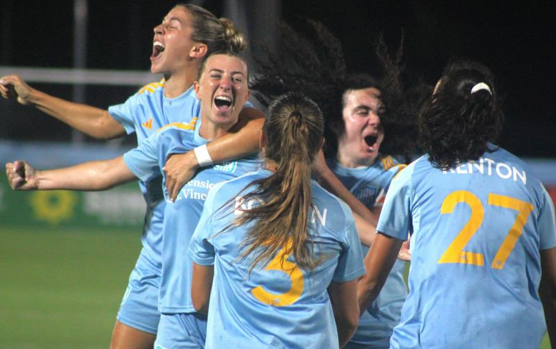 Sporting Club Jacksonville forward Jade Pennock (7, second from left) celebrates with teammates after scoring the first goal in the women's soccer club's history against DC Power FC on Aug. 23, 2025. [Clayton Freeman/Florida Times-Union]
