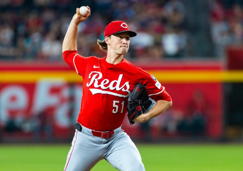 Aug 24, 2025; Phoenix, Arizona, USA; Cincinnati Reds pitcher Brady Singer in the first inning against the Arizona Diamondbacks at Chase Field. Mandatory Credit: Mark J. Rebilas-Imagn Images