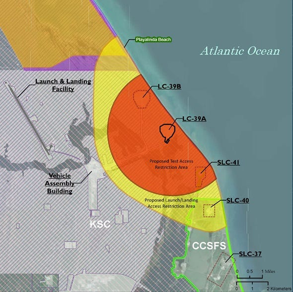 The yellow area on this map depicts the proposed Starship-Super Heavy launch-landing access restriction area surrounding pad 39A at NASA's Kennedy Space Center.