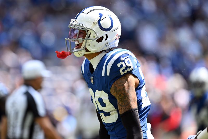 Sep 8, 2024; Indianapolis, Indiana, USA; Indianapolis Colts cornerback JuJu Brents (29) celebrates a stop during the second half against the Houston Texans at Lucas Oil Stadium. Mandatory Credit: Marc Lebryk-Imagn Images