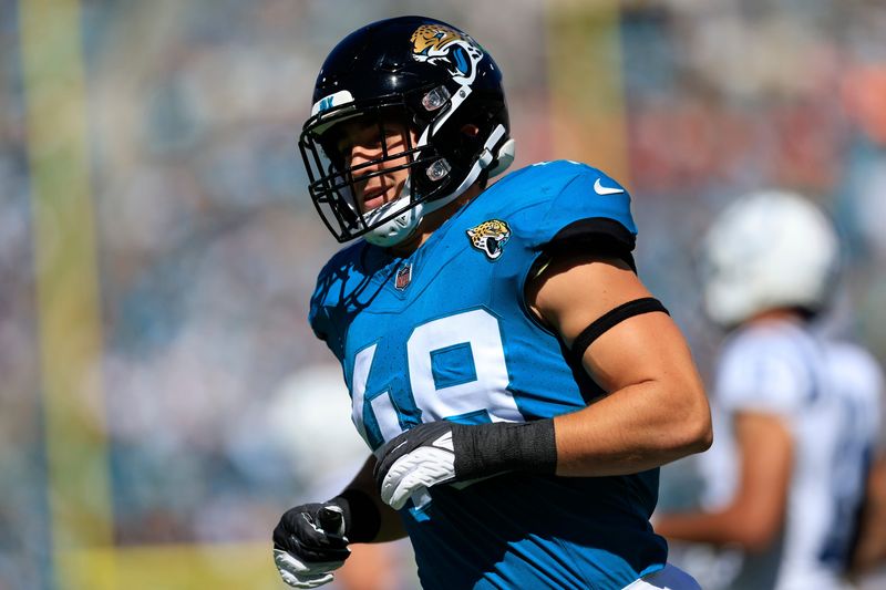 Jacksonville Jaguars linebacker Chad Muma (48) runs off the field during the second quarter of an NFL football matchup Sunday, Oct. 15, 2023 at EverBank Stadium in Jacksonville, Fla. The Jacksonville Jaguars defeated the Indianapolis Colts 37-20. [Corey Perrine/Florida Times-Union]